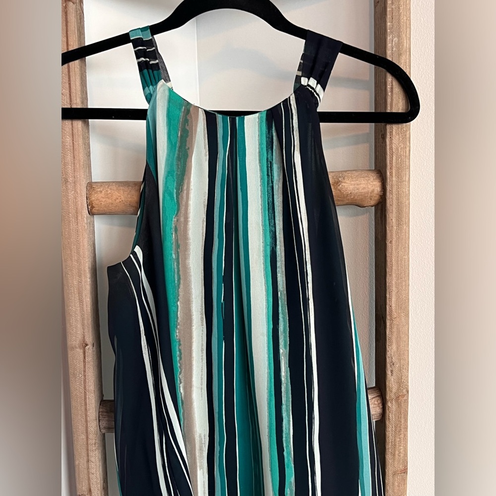 Ann Taylor tank. Rich colors…navy, turquoise, tan & grey lined pattern.